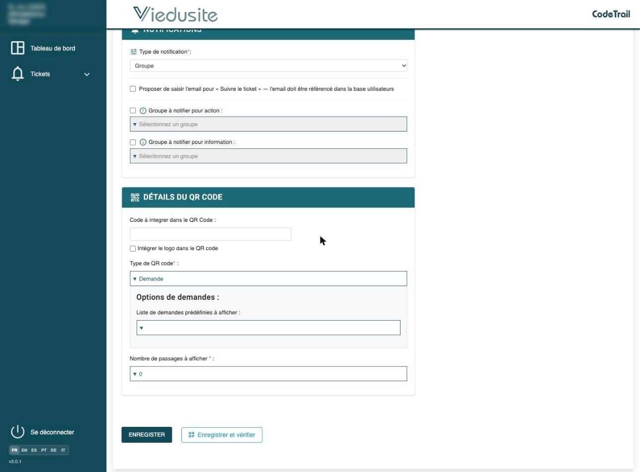 Le formulaire complet : détails et notifications, puis, plus bas, le QR code.